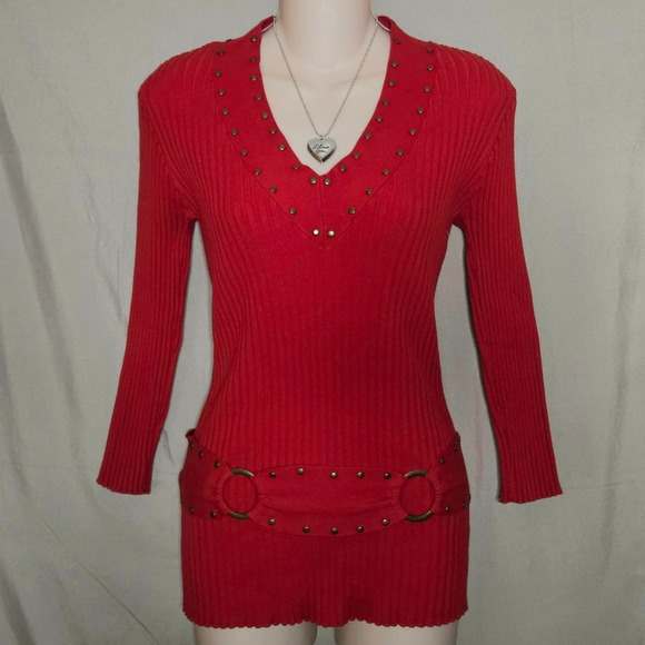 dressbarn Tops - Dressbarn Red Studded Ribbed Knit‎ Long Sleeve Belted Top Blouse